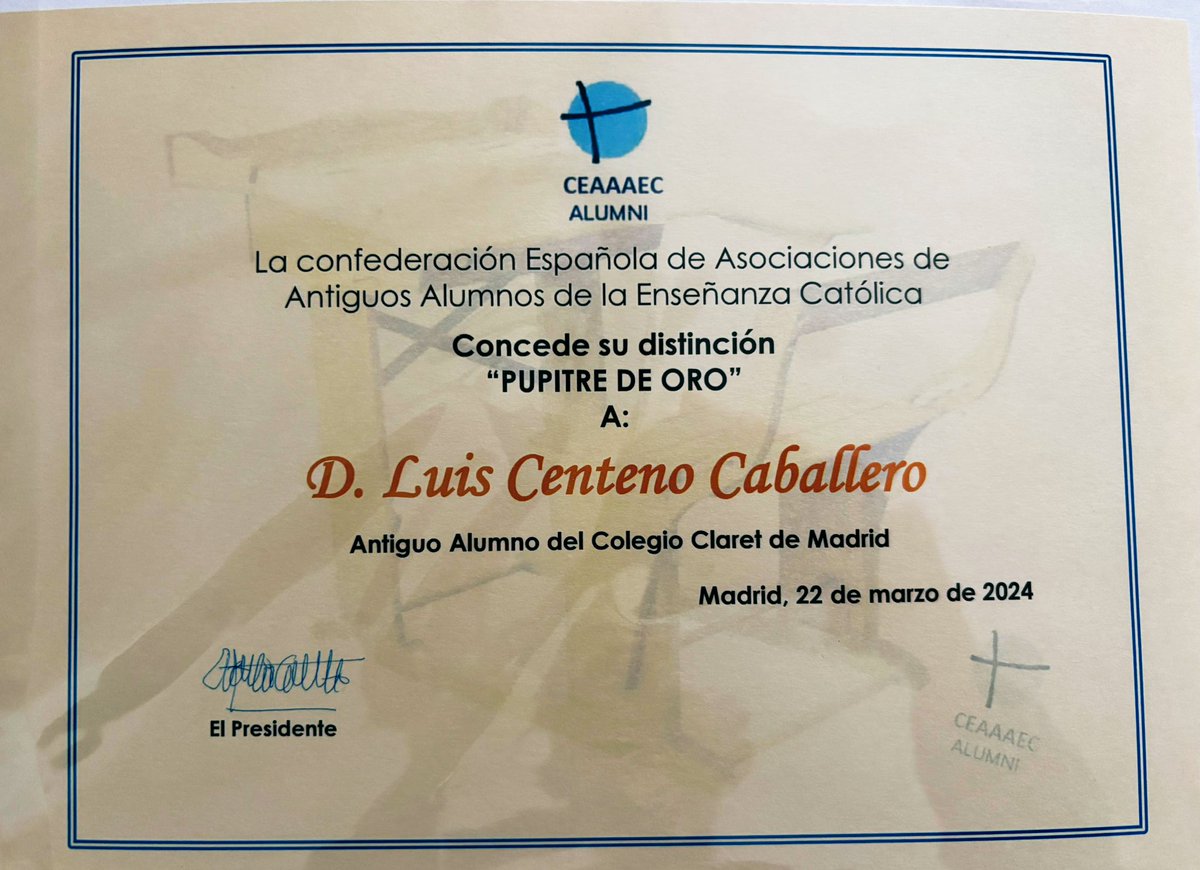luis centeno (@lcentenoc) on Twitter photo Como antiguo alumno del Colegio “Claret” de Madrid, agradezco los valores transmitidos y el reconocimiento recibido hoy de la Confederación de Asociaciones de Antiguos Alumnos de la Enseñanza Católica (CEAAAEC). GRACIAS! <a href="/ecatolicas/">Escuelas Católicas</a> <a href="/ceaaaec/">CEAAAEC</a> <a href="/colegio_claret/">Colegio Claret de Madrid</a> <a href="/cmfsantiago/">Claretianos Santiago</a> Como antiguo alumno del Colegio “Claret” de Madrid, agradezco los valores transmitidos y el reconocimiento recibido hoy de la Confederación de Asociaciones de Antiguos Alumnos de la Enseñanza Católica (CEAAAEC). GRACIAS! <a href="/ecatolicas/">Escuelas Católicas</a> <a href="/ceaaaec/">CEAAAEC</a> <a href="/colegio_claret/">Colegio Claret de Madrid</a> <a href="/cmfsantiago/">Claretianos Santiago</a>