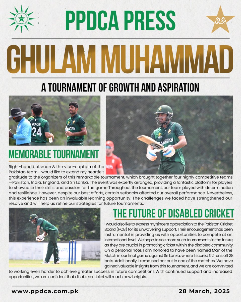 PPDCAOfficial's tweet photo. PPDCA Press: Ghulam Mohammad vice captain of Pakistan PD team shares his thought's on his and the team's performance in the champions trophy. Despite setback, team has gained valuable experience and hope to do better in future tournament. 
.

#Pakistan #PDCricket #CricketForAll https://t.co/lIRJVicwqv