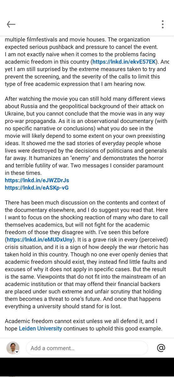 Academic freedom cannot exist unless we all defend it. 

My statement on LinkedIn regarding the screening of the documentary "Russians at War" by <a href="/LeidenU/">Leiden University</a> and <a href="/VierdeGolf/">De Vierde Golf</a> and the grave threat posed by the reactions to it.