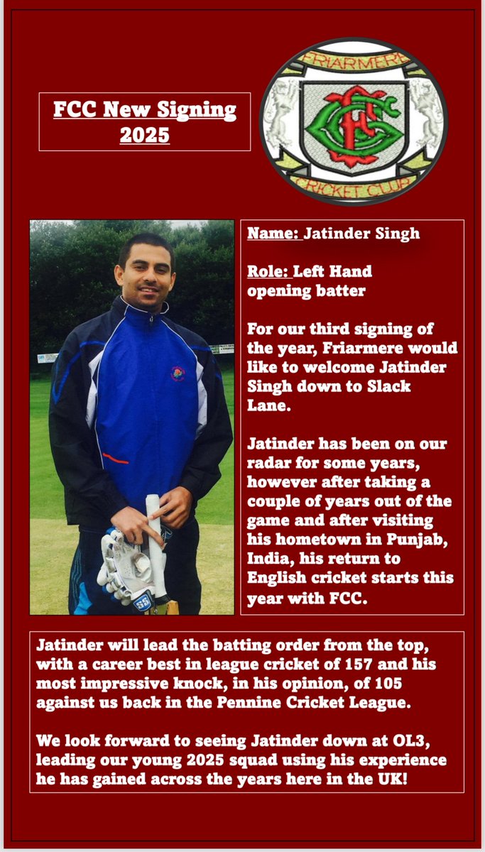 **SIGNING NO3**

All at FCC would like to welcome Jatinder Singh to the club! 

We look forward to seeing him down at Slack lane, bringing his experience and skills and adding to our 25 squad! 

Go well Jatinder!🏏✅