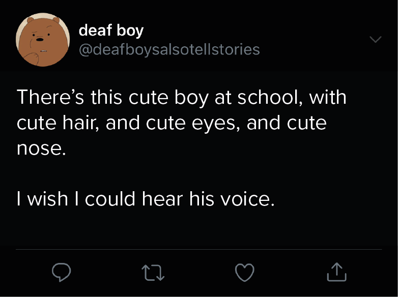 bea9597's tweet photo. #taekookau 🔞

Jungkook is Taehyung’s new lab partner, and communication isn’t as easy as he thought—especially since Taehyung is deaf.

Or where Taehyug, already crushing on his classmate, gets more excited as they grow closer. And maybe, just maybe, Jungkook feels the same way. https://t.co/aWJbgJpmVg