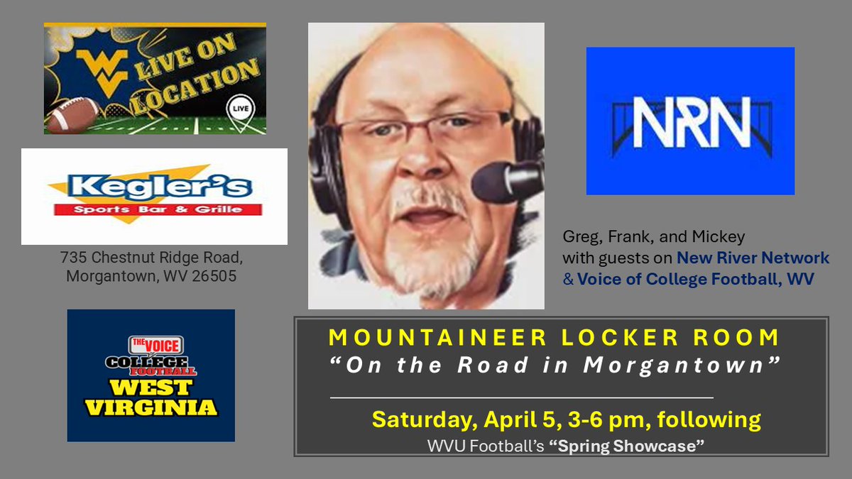 frankfear's tweet photo. @CoachCrist @PlumleyMickey and I look forward to seeing you @KeglersWV on SAT APRIL 5, 3-6 PM. Broadcast simultaneously at @TheVOCFB and The New River Network. Thanks, Darrin at NRM and Jerry at Kegler's, for making this remote possible! @WVUfootball @WestVirginiaU https://t.co/gPwtt0zR1r
