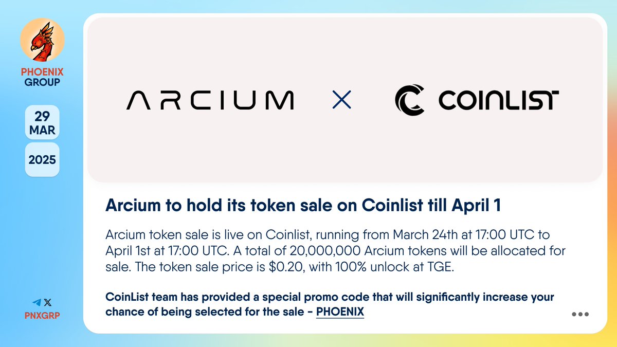 🔥 @ArciumHQ to hold its token sale on @CoinList till April 1 ❗️EXCLUSIVE  FOR PHOENIX SUBSCRIBERS❗️ CoinList team has provided a special promo code  that will significantly increase your chance of being