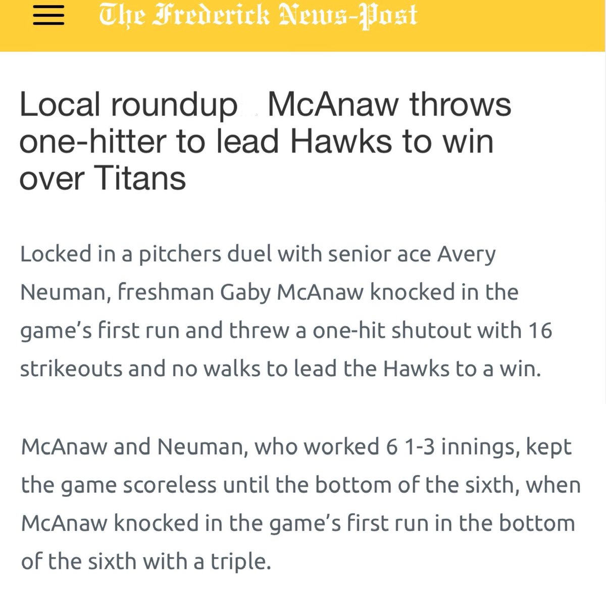 Gabriela ‘Gaby’ McAnaw 2028 (@gabymcanaw) on Twitter photo Let’s Go! Thank you <a href="/frednewspost/">Frederick News-Post</a> for the article and thank you <a href="/LoMcanaw/">Lilian ‘Lo’ McAnaw 2026</a> for calling a great game and catching me 🩶💙🤍 <a href="/urbanahawksSB/">UHS_Softball</a> <a href="/UHS_FCPS/">Urbana HS (MD)</a> <a href="/VGWillemssen/">VA Glory National Willemssen</a> <a href="/A_Freeman9/">Amber Freeman</a> <a href="/Coach_Jo4444/">Joanna Hardin</a> <a href="/Syd_finch/">J.T. D’Amico</a> Let’s Go! Thank you <a href="/frednewspost/">Frederick News-Post</a> for the article and thank you <a href="/LoMcanaw/">Lilian ‘Lo’ McAnaw 2026</a> for calling a great game and catching me 🩶💙🤍 <a href="/urbanahawksSB/">UHS_Softball</a> <a href="/UHS_FCPS/">Urbana HS (MD)</a> <a href="/VGWillemssen/">VA Glory National Willemssen</a> <a href="/A_Freeman9/">Amber Freeman</a> <a href="/Coach_Jo4444/">Joanna Hardin</a> <a href="/Syd_finch/">J.T. D’Amico</a>