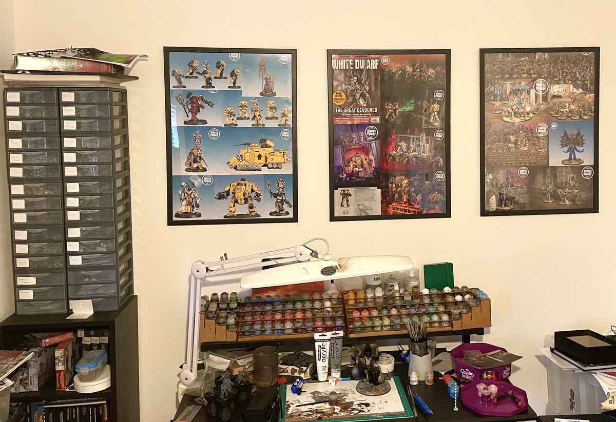 Five months after moving house, finally got my priorities straight and put my Lamenter and Slaanesh White Dwarf image collages on the wall above my slightly messy paint desk. #WarhammerCommunity #WhiteDwarf