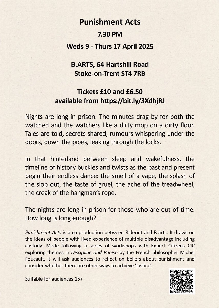 Event: 'Punishment Acts: Tales of Retribution, Reparation &amp; Redemption' at B.Arts, Stoke-on-Trent, England from 09-17 April 2025.

For tickets, see ticket source ticketsource.co.uk/whats-on/staff…

For more information contact the organisers. 
#arts #theatre #prisons #crimeandpunishment