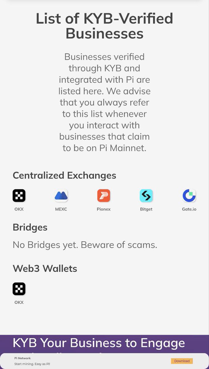 🚀 The Pi KYB-Verified Businesses page just got an update!

🔹 New sections: Bridges &amp; Web3 Wallets under Centralized Exchanges.

More partnerships = more utility &amp; real-world value! Can't wait to see new content there!

#PiNetwork