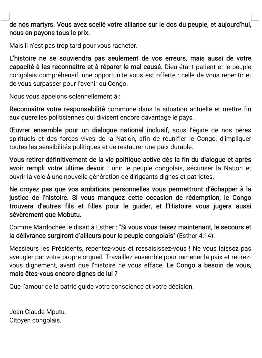 mputujeanclaude's tweet image. Repentez vous et surpassez vous pour le Congo sinon l'histoire vous jugera durement comme Mobutu @actualitecd @soniarolley actualite.cd/2025/03/29/let…