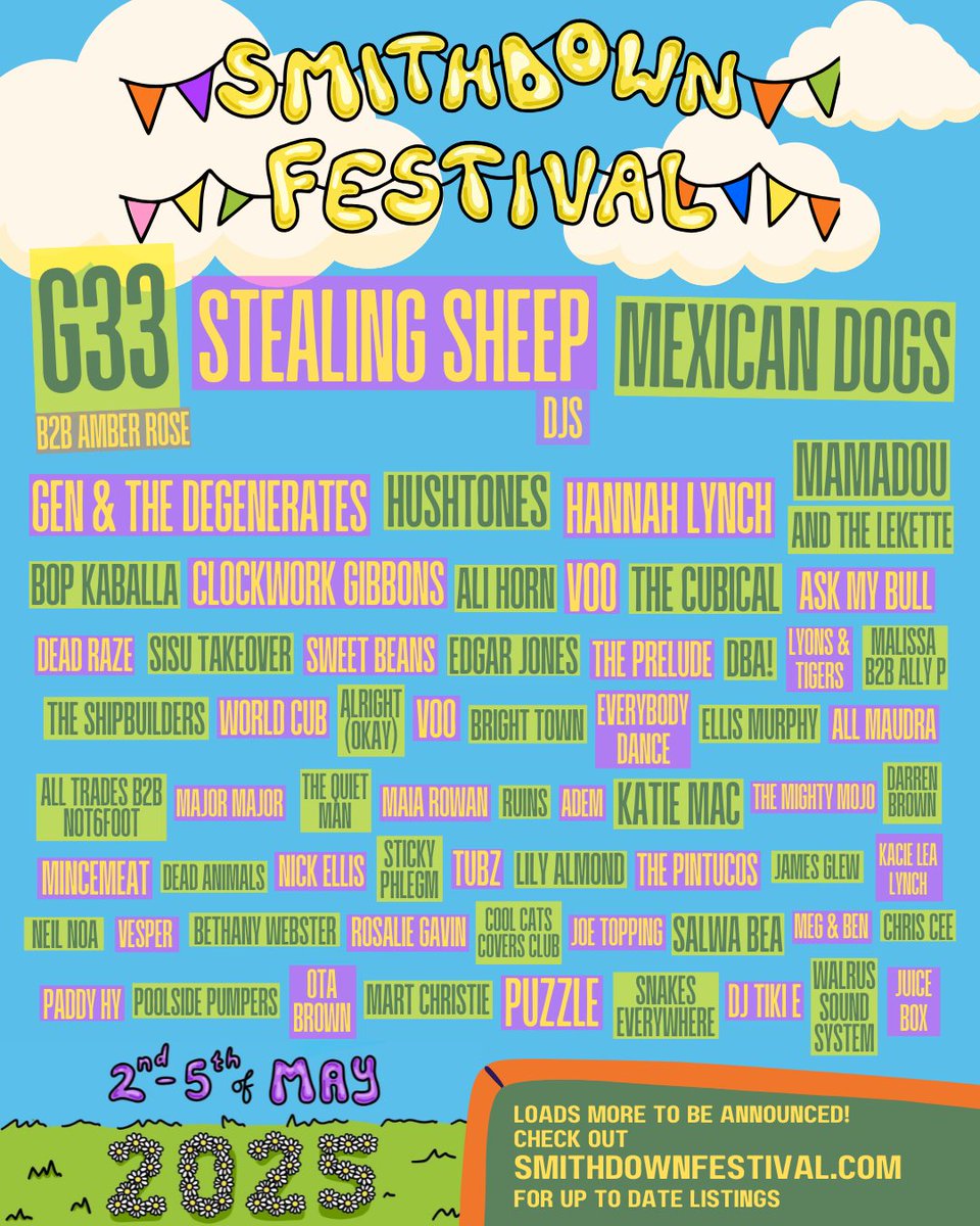 Join us at the <a href="/SmithdownFest/">SmithdownFestival</a> 2nd-5th May! Featuring: <a href="/stealingsheep/">Stealing Sheep</a> <a href="/mexicandogs_/">mexicandogsofficial</a> <a href="/Hushtonesmusic/">Hushtones</a> <a href="/edgarsummertyme/">Edgar Summertyme Jones</a> <a href="/The_Mighty_Mojo/">Mo Stewart</a> <a href="/TheShipbuilders/">The Shipbuilders</a> + loads more 👇👇👇