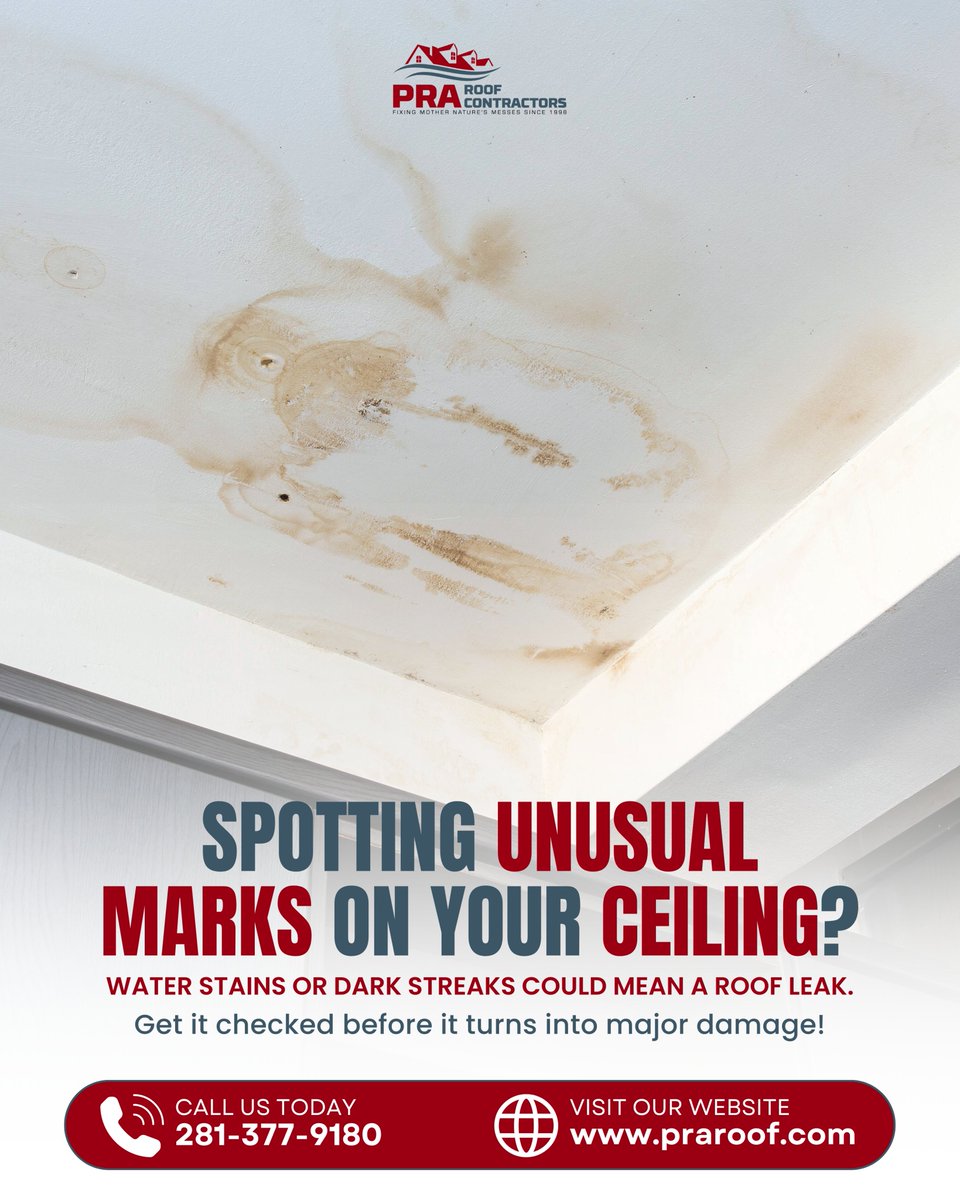 Spotted water stains or dark streaks on your ceiling?🤔
These unusual marks could be signs of a roof leak that needs immediate attention. If left unchecked, what starts as a small issue can quickly escalate into major damage. Don’t wait for costly repairs—get your roof inspected!