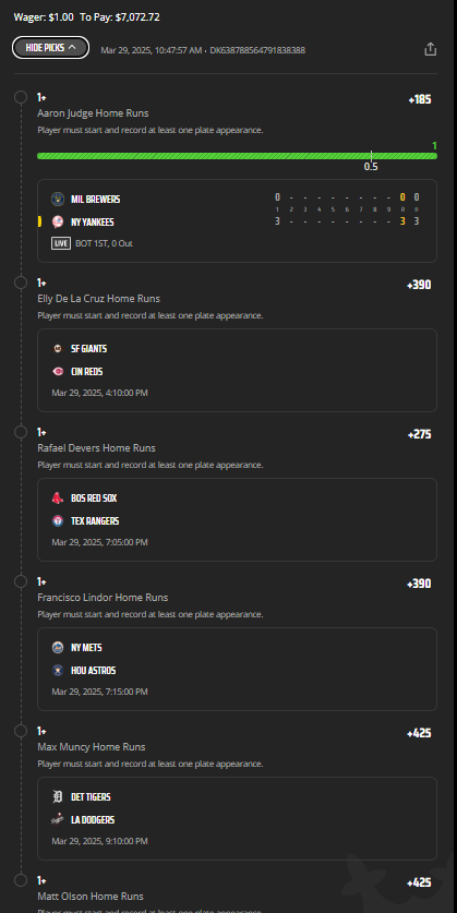 Couple of MLB HR plays today, sorry to be late but Judge already smacked his! Great start. 
- .2 U ---> 10 U on 3 Leg
- Lotto is .01 U ---> 70.07 U I did Round robin all the 6 leg combos