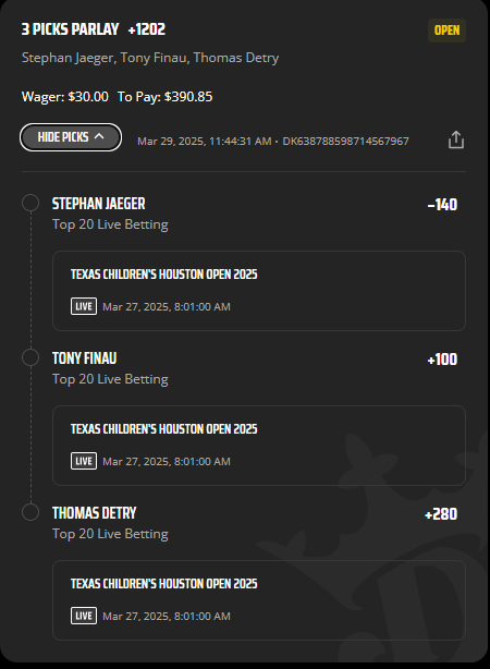 Continuing the trend of great golfers here. These guys all finished top 10 last year and are within a few strokes of the top 20. Backing them to finish strong and finish within the top 20!
- .3 U ---> 3.9 U