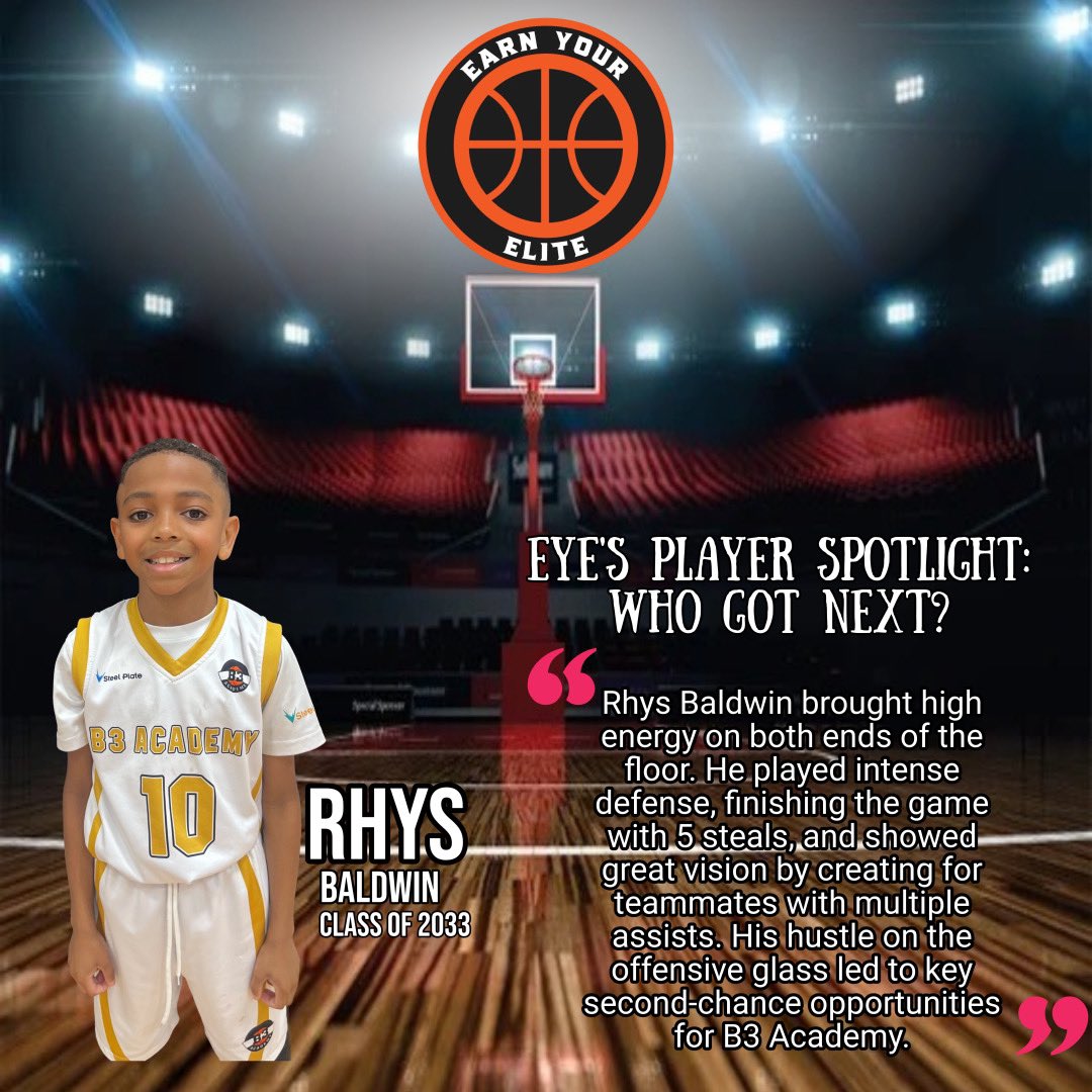 earnyourelite's tweet photo. Rhys Baldwin (Class of 2033)
Rhys Baldwin was a menace on defense with 5 steals, dished dimes, and hustled on the glass for B3 Academy. Energy on both ends! #EarnYourElite #ClassOf2033 https://t.co/l2FUw5Bn9P