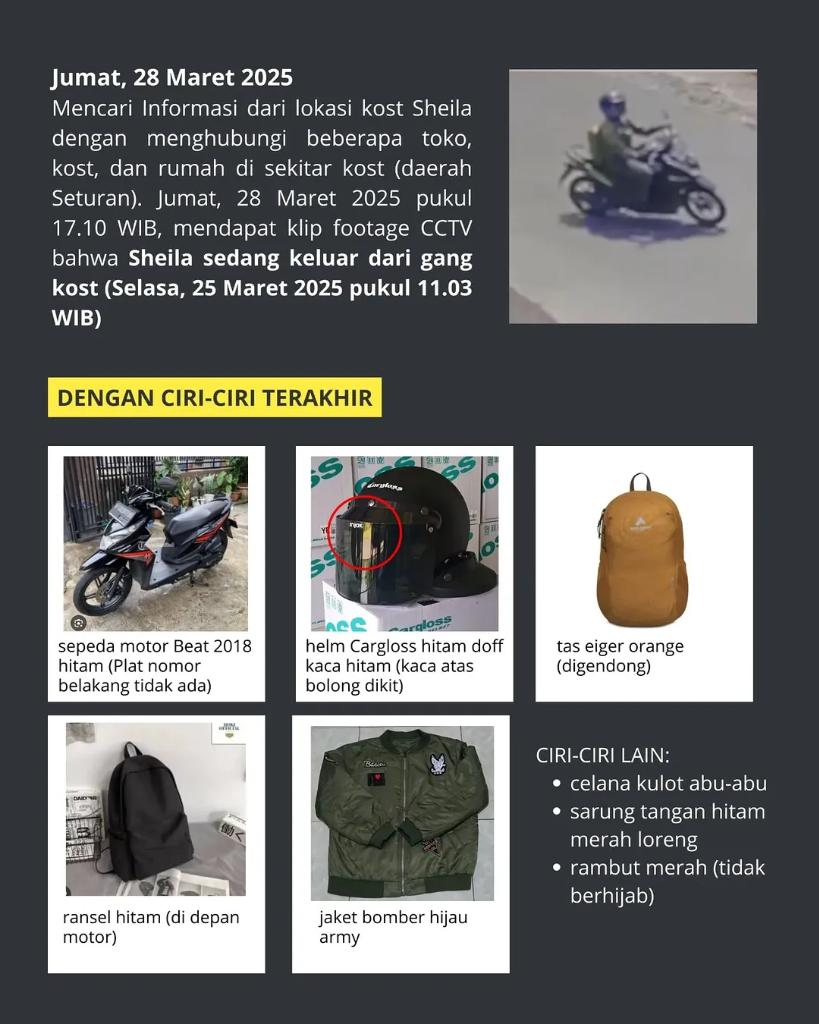merapi_uncover's tweet photo. MISSING PERSON ALERT 🚨🙏

Sheila Amelia Christanti sedang dalam pencarian sejak Selasa, 25 Maret 2025. Terakhir diketahui berada di daerah Seturan, Jogja, dan menuju arah Jalan Solo. Jika ada yang melihat atau memiliki informasi, harap segera menghubungi kontak di bawah ini:

📞085649570212 (Pak To)
📞082118854939 (Bayu)
📞085645656304 (Fadila)

Tolong bantu share agar informasi ini tersebar luas! Terima kasih atas bantuannya.

(dhiniparamithar)