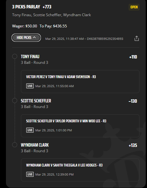 Golf action looks great today. I'm backing all these guys to continue their form and gain stroke on GIR today!
- .5 U ---> 4.36 U