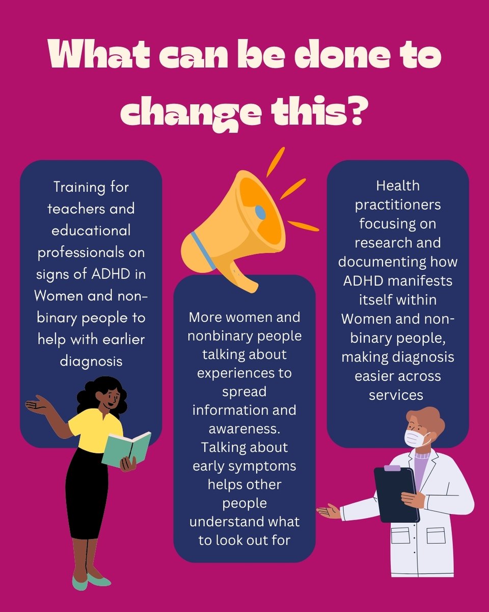 adhdbabes's tweet image. Did you know that a lot of Women and Non - binary people don't get diagnosed with ADHD until later in life: aged 25+ ? Its time to put in more work to understand how ADHD manifests itself within women and non binary people!!

 #OTB #Outsidethebox #ADHDmyths