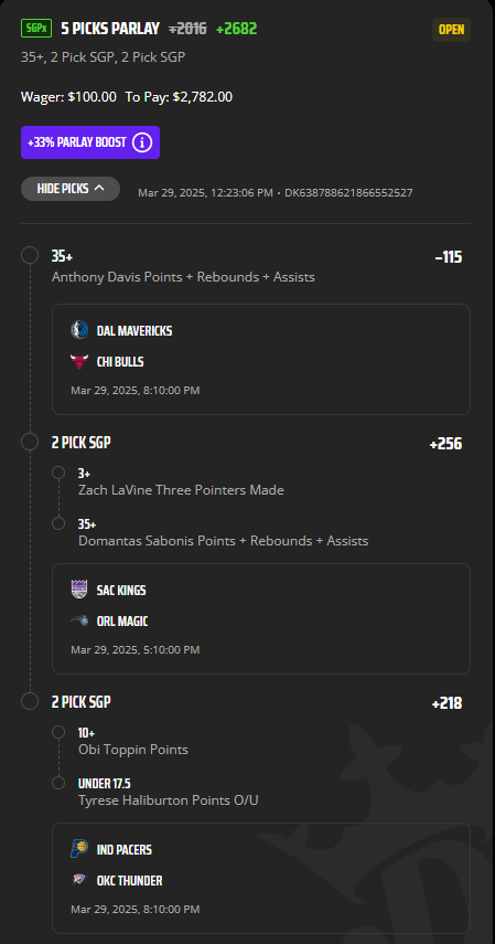 Loving all these plays today for NBA.
- Lavine and Sabonis should be great today against a slow Magic team.
- AD is back and should see around 30 minutes. He is so productive on the floor.
- Obi toppin should have many looks and Hali is 🗑️
- 1 U ---> 27.8 U