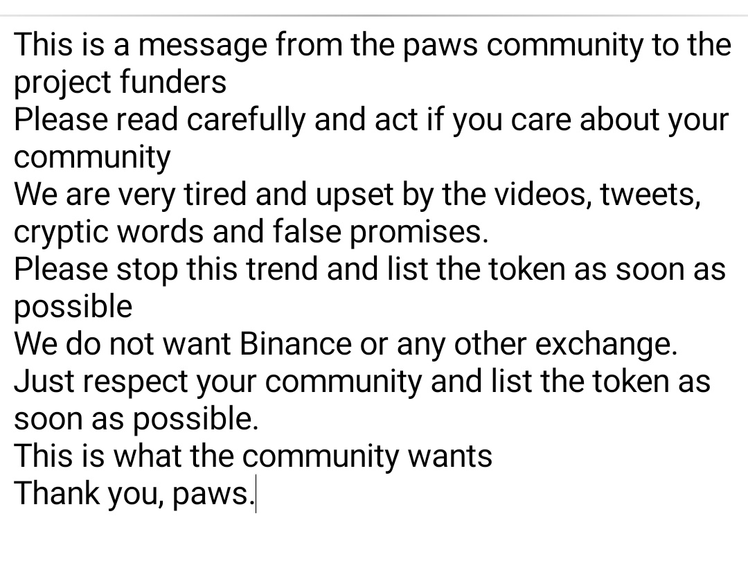 A message from the paws community to the project funders.
Please read carefully and take action if you care and respect your community🙏
<a href="/GOTPAWSED/">PAWS Labs</a> <a href="/airmin_agent/">ARMIN</a> 
#paws $paws