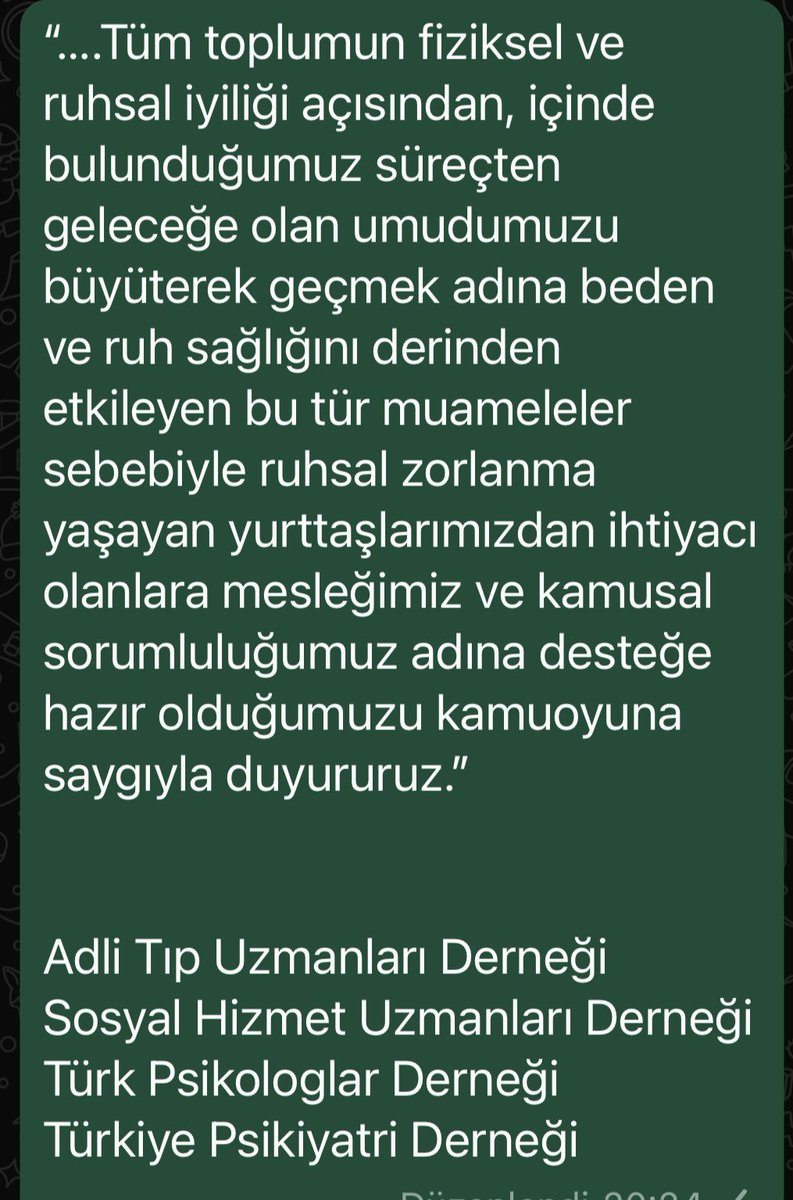 #AdliTıpUzmanlarıDerneği
#SosyalHizmetUzmanlarıDerneği 
#TürkPsikologlarDerneği
#TürkiyePsikiyatriDerneği 
desteğe hazır…