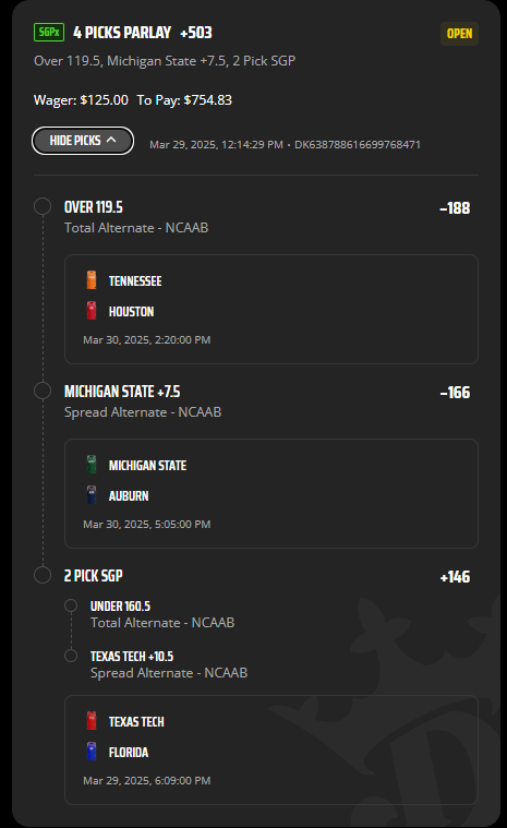 Spreading Madness across two days because my brain says duke but I don't like the game. Loving all the spots here, playing alt lines to get some leniency.
- 1.25 U ---> 7.54 U
