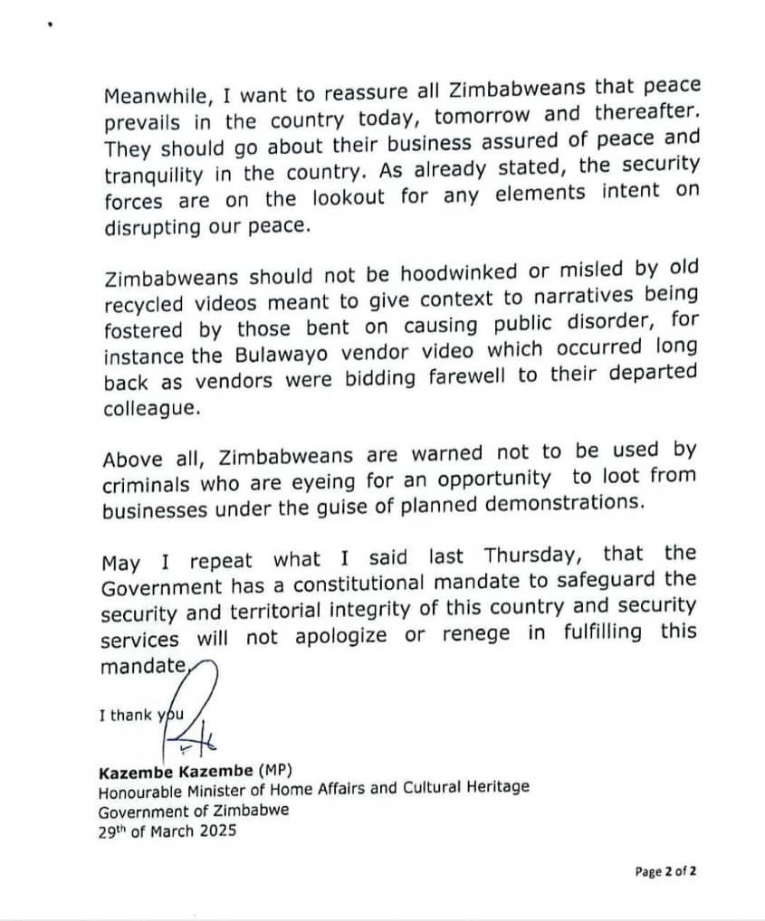 Update statement by the Minister of Home Affairs and Cultural Heritage, Hon. Kazembe Kazembe, on the security situation in the country.