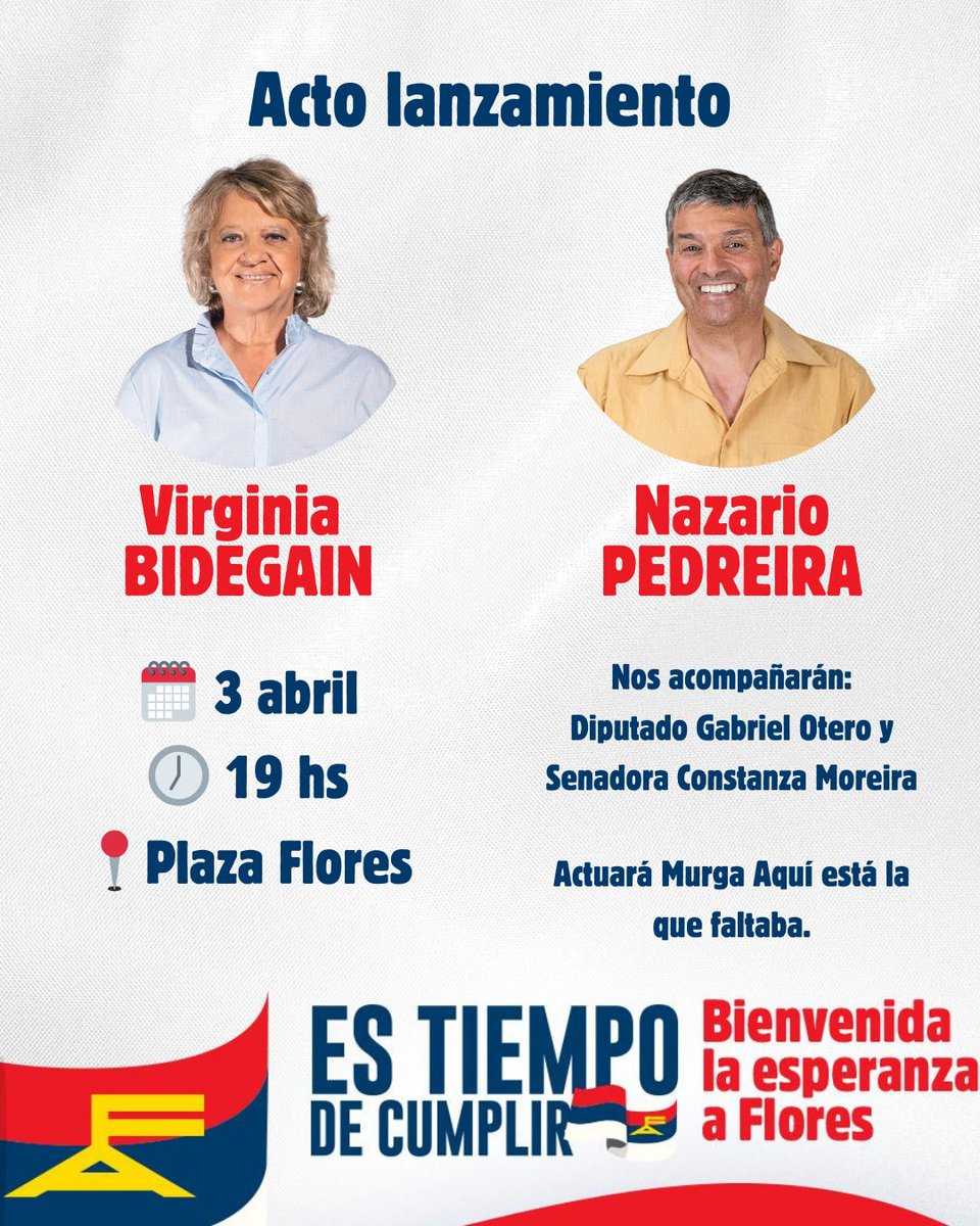 📣 Acto Lanzamiento de campaña, rumbo a las elecciones departamentales.

👥 Candidatos:  Virginia Bidegain y Nazario Pedreira

🎭 Actuará: Murga Aquí está la que faltaba. 

Las y los esperamos 🙌🏽 sigamos avanzando en unidad 🔴🔵⚪

Es tiempo de cumplir, bienvenida la esperanza!
