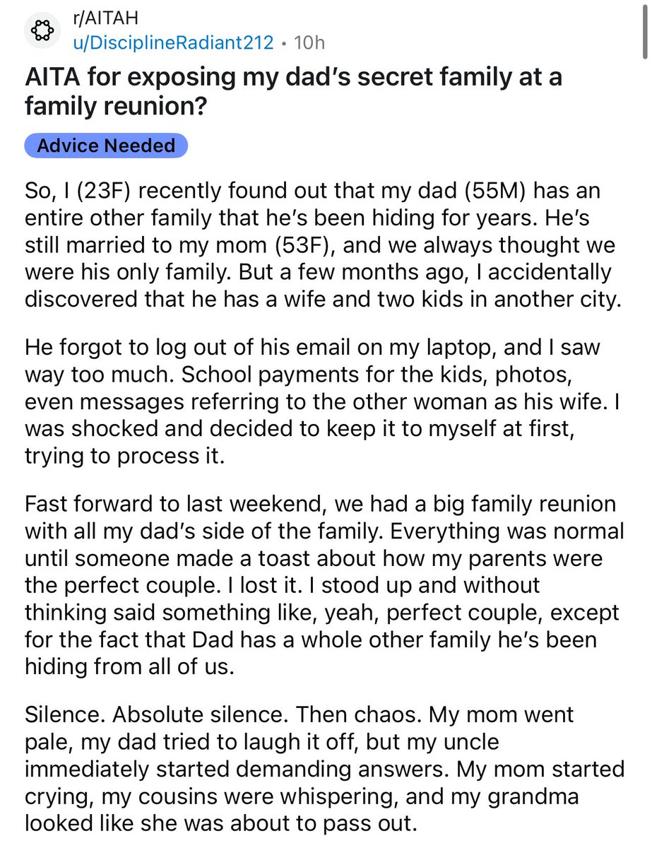 amithearsehole's tweet image. AITA for exposing my dad&apos;s secret family at a family reunion?

🤯