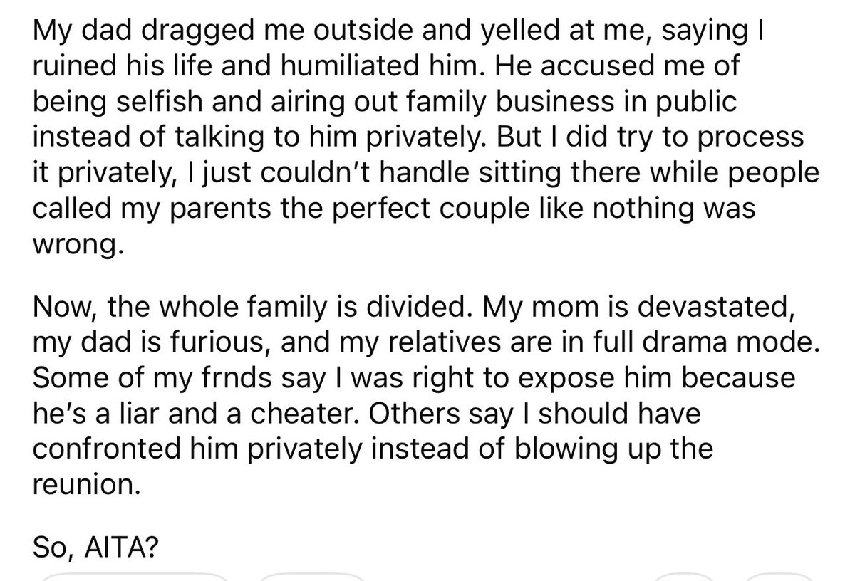 amithearsehole's tweet image. AITA for exposing my dad&apos;s secret family at a family reunion?

🤯