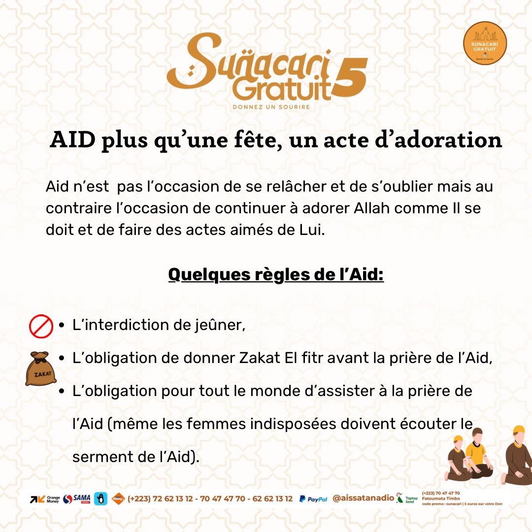 Qu’Allah accepte de nous et de vous. Qu’Il nous pardonne nos péchés et nous accorde le Paradis. N'oubliez les sunnans de l'Aïd ☀️.
#SunacariGratuit #AïdMoubarak #Invocation #Prière #Solidarité #Ramadan #PaixIntérieure #islam #Don #Mali