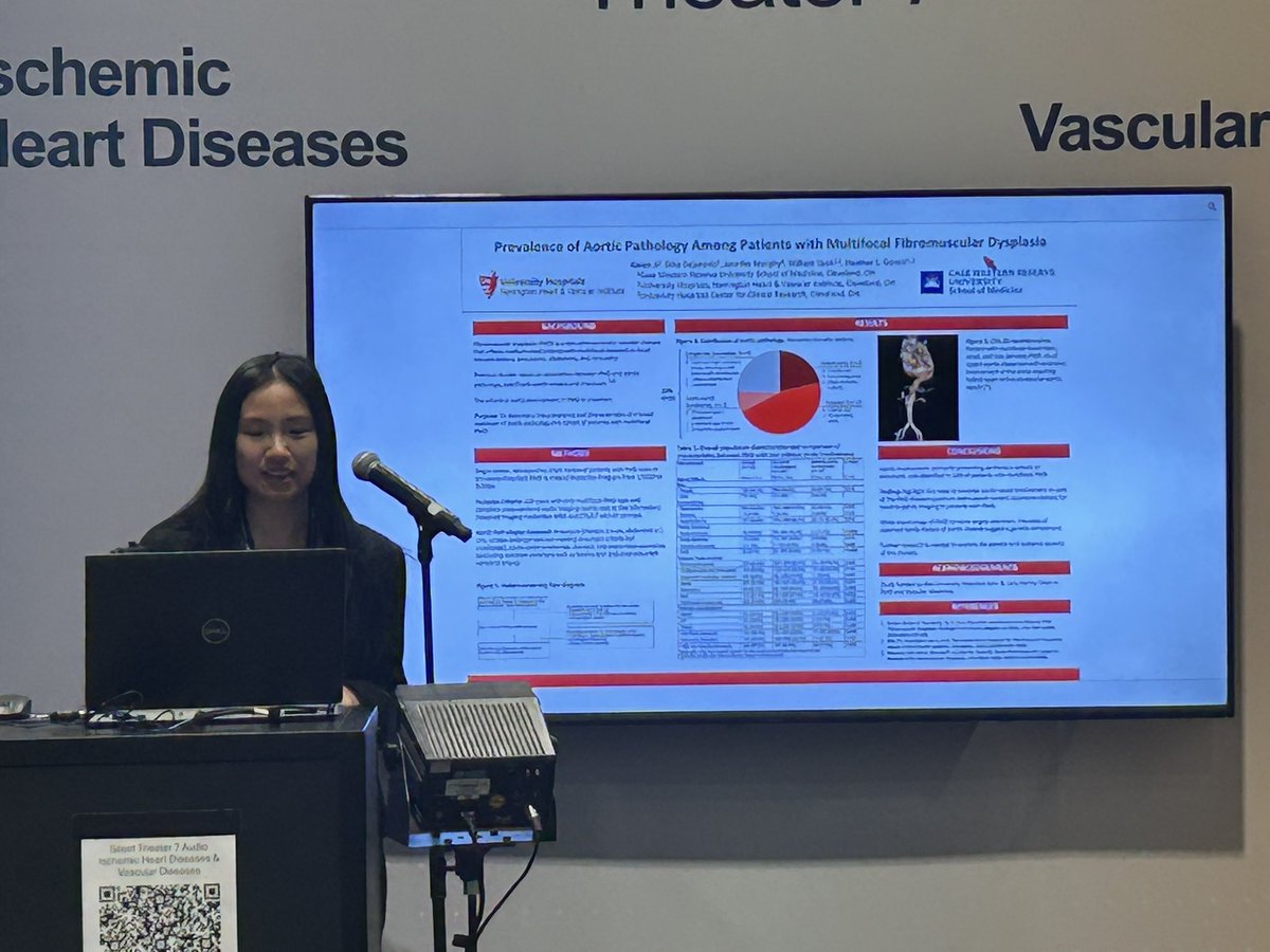 Heather L Gornik (@heatherlgornik) on Twitter photo Congrats to <a href="/CWRUSOM/">CWRU School of Medicine</a> MS2 Karen Ji on her presentation at #ACC25 ~10% of patients with multifocal FMD seen <a href="/HarringtonHVI/">UH Harrington Heart & Vascular Institute</a> with comprehensive vascular imaging had aortic involvement, most commonly thoracic aortic dilation (ectasia and aneurysm) …supports head to pelvis imaging. Congrats to <a href="/CWRUSOM/">CWRU School of Medicine</a> MS2 Karen Ji on her presentation at #ACC25 ~10% of patients with multifocal FMD seen <a href="/HarringtonHVI/">UH Harrington Heart & Vascular Institute</a> with comprehensive vascular imaging had aortic involvement, most commonly thoracic aortic dilation (ectasia and aneurysm) …supports head to pelvis imaging.