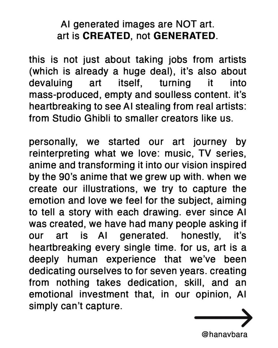 hanavbara's tweet image. regarding the discussion of ai generated images and the ‘studio ghibli trend’

please read and share if it resonates with you!