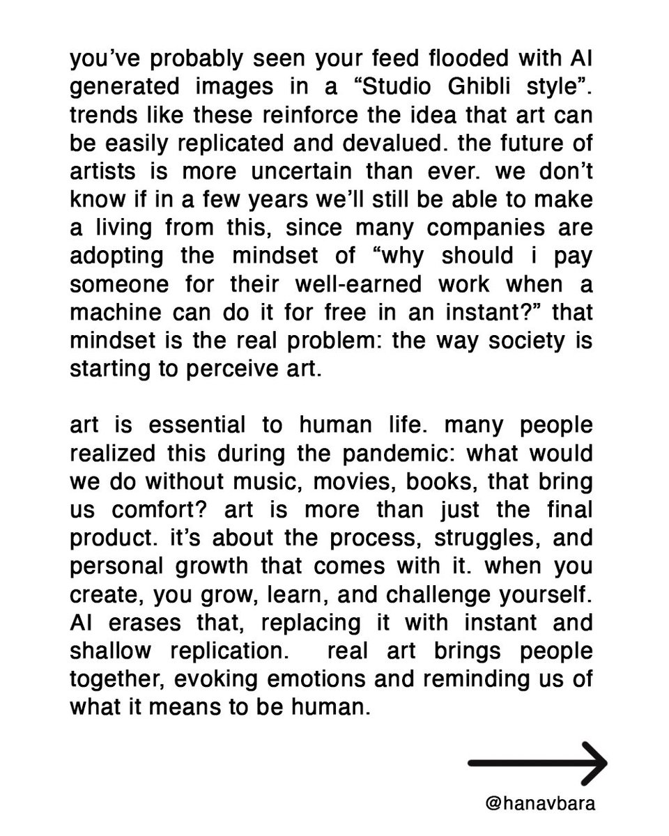 hanavbara's tweet image. regarding the discussion of ai generated images and the ‘studio ghibli trend’

please read and share if it resonates with you!