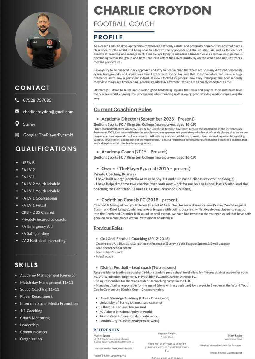 Looking for a coaching or management role in non-league football.

- 13 years coaching/management experience across multiple levels/ages

- 10 years working with male college footballers

- UEFA B

- Academy Director <a href="/BSFC_Official/">Bedfont Sports Club</a> <a href="/KCupdate/">Kingston College</a>

Any help would be greatly appreciated