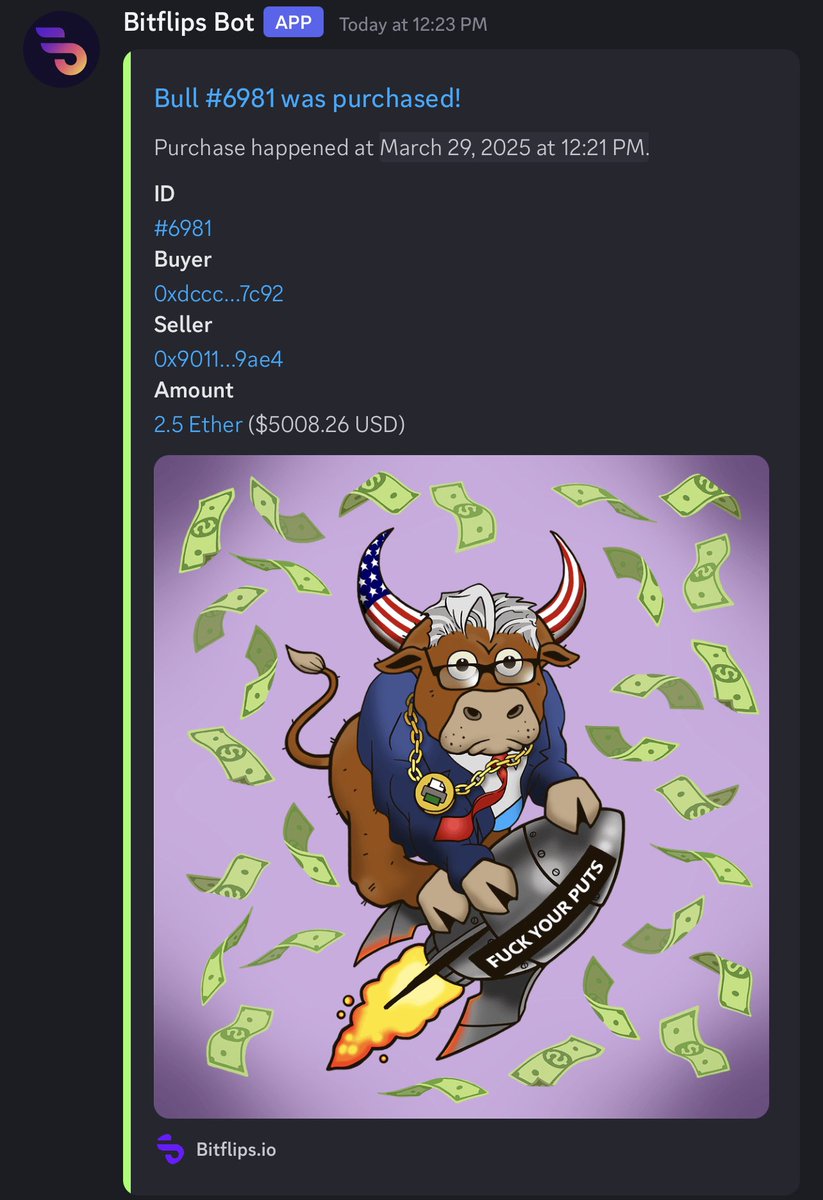 $5,000 for a JPEG of a bull riding a rocket saying “F*CK YOUR PUTS”?

Yeah… that just happened.

Bull #6981 “Fed Prez” just sold for 2.5 ETH.

Pure, uncut degen conviction.

<a href="/federalreserve/">Federal Reserve</a>