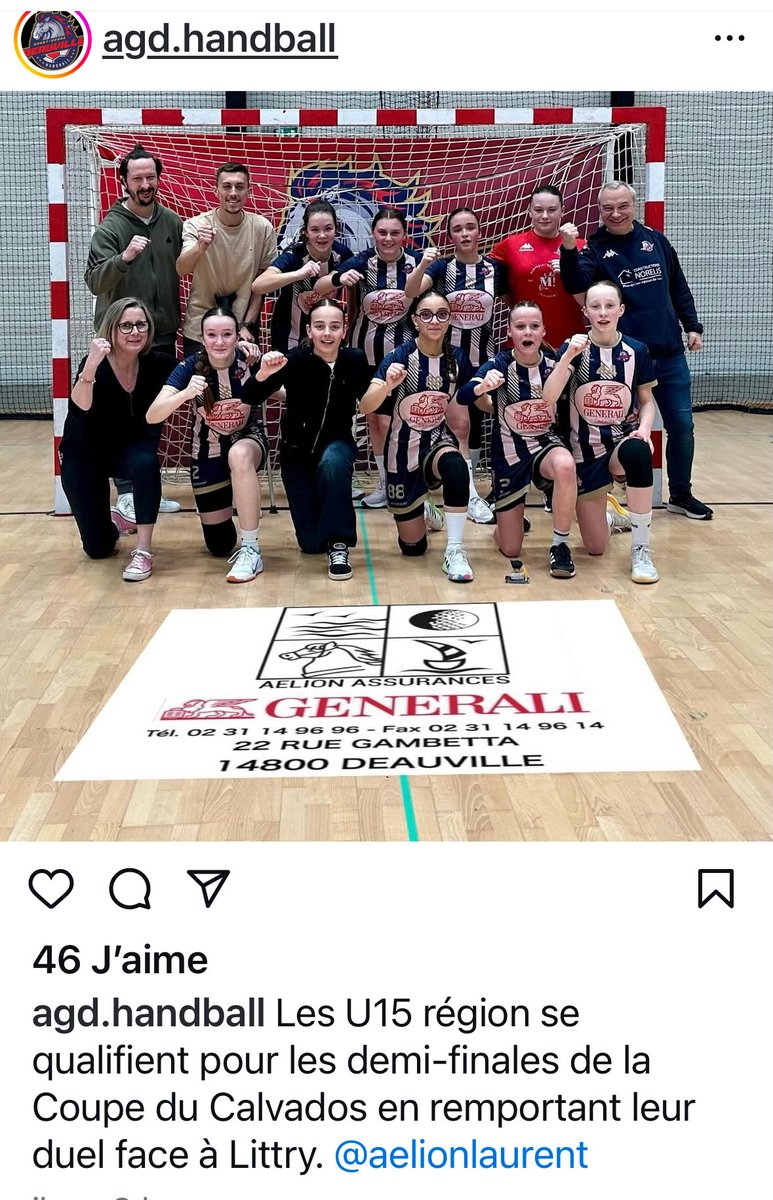 Encore un magnifique exploit des #Pitchounettes U15 de l’#AGD #Handball 🤾🏼‍♀️ de #Deauville qui se qualifient pour les demi-finales de la coupe du #Calvados.
 Elles portent fièrement les couleurs de #Generali 🦁 et du #CabinetAelionAssurance #engagement #Sport #combativite #honneur