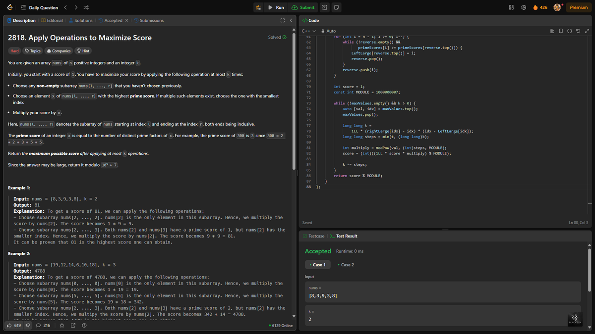 RoY_015__'s tweet photo. Day 426: Apply Operations to Maximize Score

Given an array nums of n positive integers and an integer k. Return the maximum possible score after applying at most k operations.

#leetcode #400DaysOfCOde #VIT https://t.co/SocS4DmzQ4