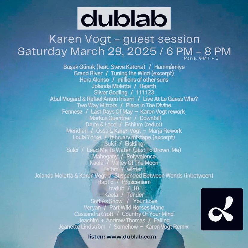 So much love for <a href="/karenvogtmusic/">Karen Vogt (was here)</a> and her shows.

On Dublab tonight! 6pm - 8pm 💜💜💜

Thank you so much for playing two tracks from my new album “Four Chambers”. The album is out now on <a href="/BricolageG5/">BRICOLAGE</a> 

I’ve just finished work. Perfect timing to tune in 🎧
