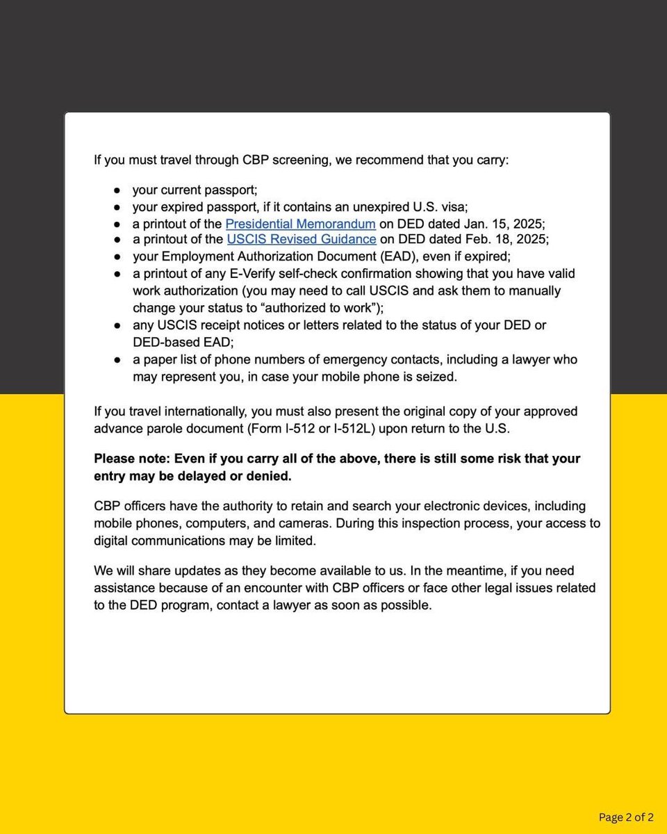 In light of recent immigration-related incidents that have occurred during interactions with Customs and Border Protection, U.S.-based Hong Kongers on Deferred Enforced Departure are encouraged to consult this travel advisory jointly issued by HKDC, <a href="/thecfhk/">The Committee for Freedom in Hong Kong Foundation</a>, and <a href="/hk_watch/">Hong Kong Watch</a>.