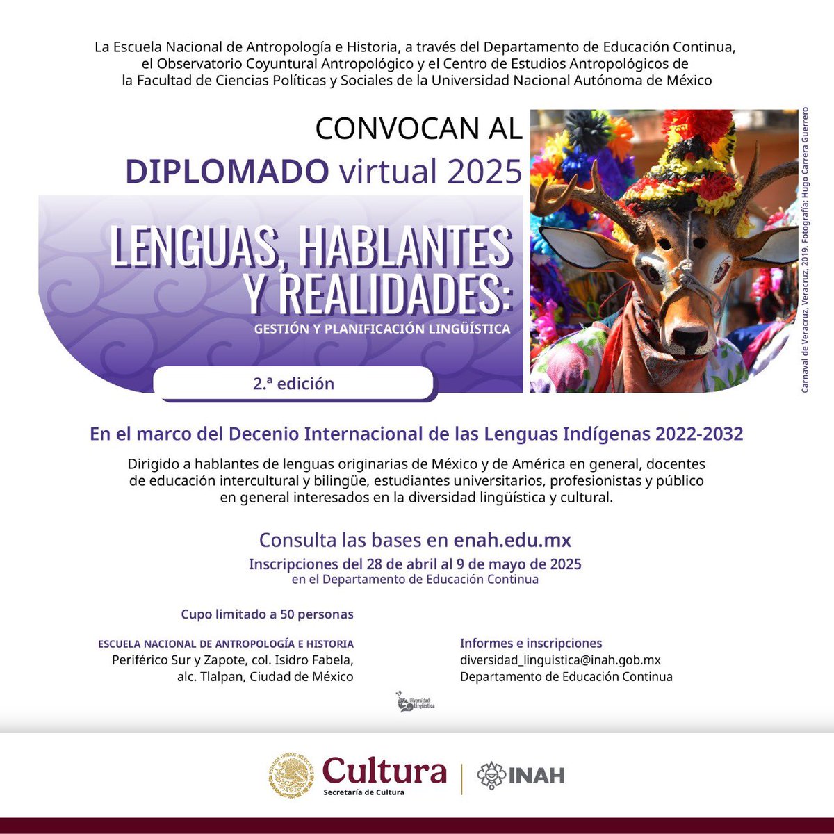 CONVOCATORIA ABIERTA 

La 2ª edición de este diplomado es una oportunidad única para aprender de lxs más especialistas en documentación, planificación y gestión lingüística 👌🔝.

Informes en diversidad_linguistica@enah.edu.mx