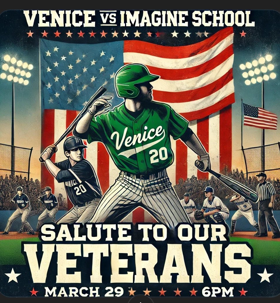 SALUTE TO OUR VETERANS GAME! 🇺🇸⚾
Join us as Venice takes on Imagine School in a special night honoring our veterans! 🎖️💚
📅 Date: March 29
⏰ Time: 6:00 PM
Let’s fill the stands, show our support, and celebrate those who have served! 🇺🇸⚾ #SaluteToService #VeniceBaseball
