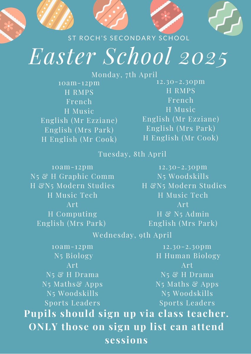 Easter School: SESSIONS ADDED FOR N5 AND H GRAPHIC COMMUNICATION AND N5 WOODSKILLS.  Sign up via class teacher.