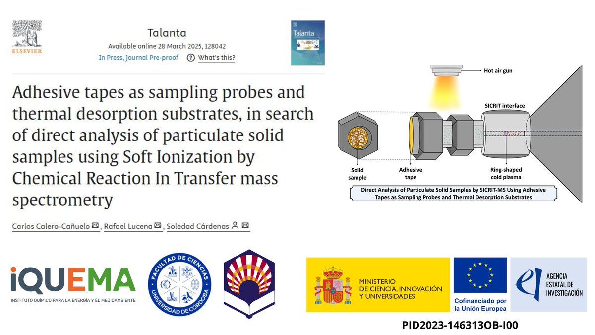 AS2P Research gr. (@as2p_rg) on Twitter photo We're happy to share our article on using adhesive tapes as sampling probes and thermal desorption substrates for the direct analysis of particulate solid samples by SICRIT-MS. Check out the article in Talanta.
doi.org/10.1016/j.tala…
This research is part of <a href="/cc_carloss/">Carlos Calero</a> thesis. We're happy to share our article on using adhesive tapes as sampling probes and thermal desorption substrates for the direct analysis of particulate solid samples by SICRIT-MS. Check out the article in Talanta.
doi.org/10.1016/j.tala…
This research is part of <a href="/cc_carloss/">Carlos Calero</a> thesis.
