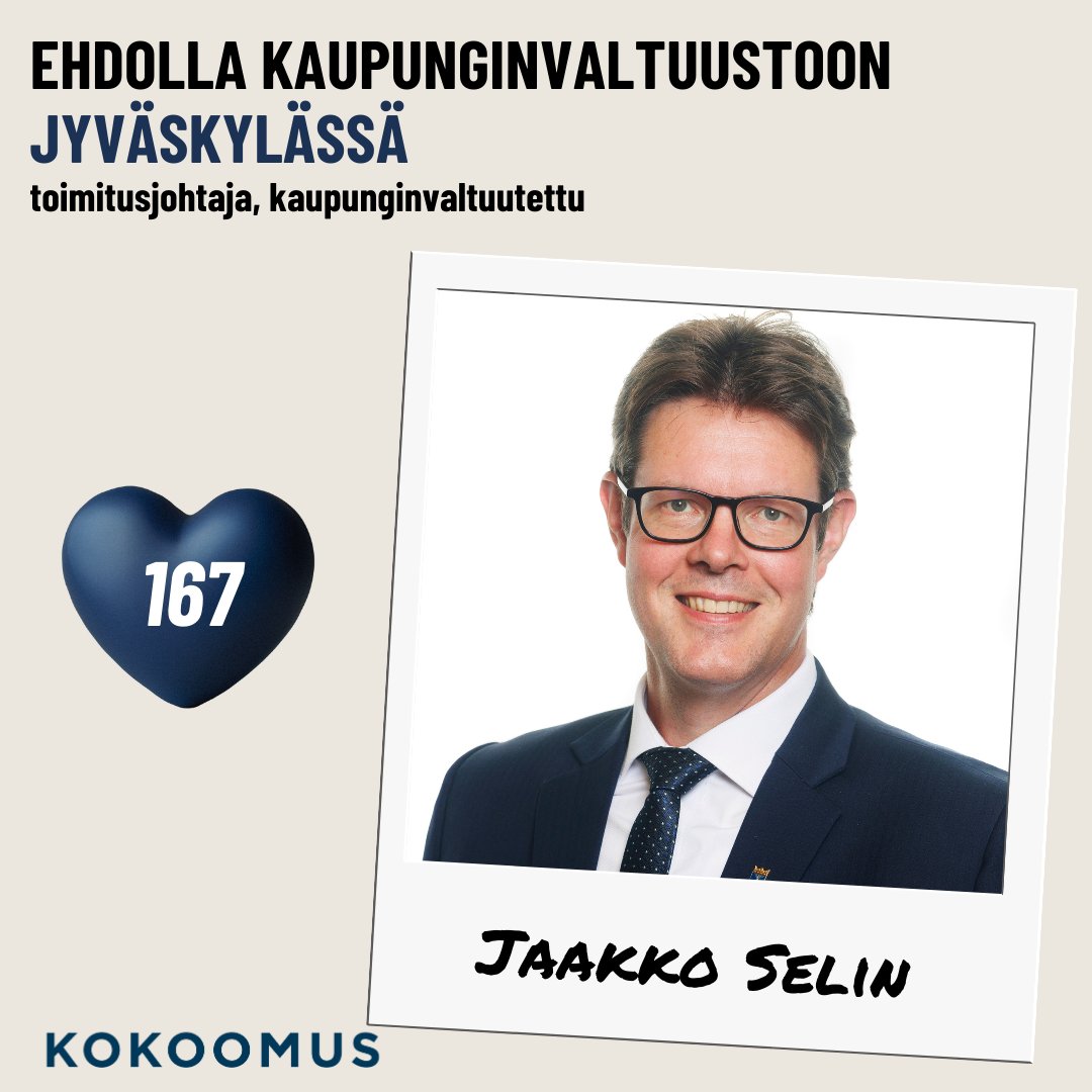 Ehdokkaana Jyväskylän kaupunginvaltuustoon numerolla 167.
#Jyväskylä #kokoomus #jklvaltuusto #yrittäjät #kiinteistöala