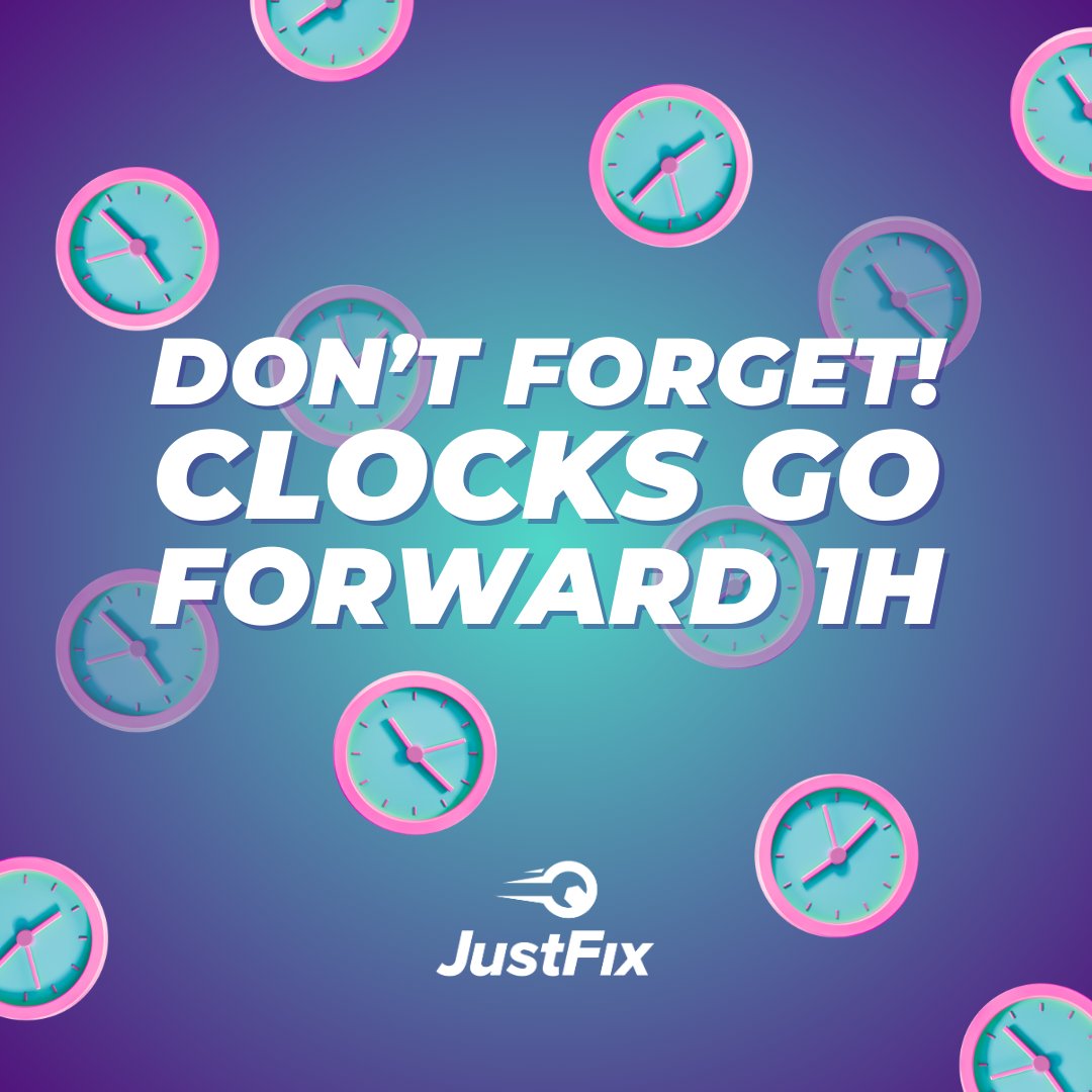 JustFixApp's tweet image. ⏰ Don’t forget - clocks go forward 1 hour this Sunday! 
🌇 With lighter evenings on the way, there’s no better time to give your home a seasonal refresh. JustFix is here to help you spring forward with stress-free home maintenance. 
#BritishSummerTime #HomeCare #JustFix