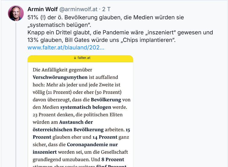 Fassungslosigkeit bei Armin Wolf im Blauen Himmel

51% seiner Zuseher glauben, dass sie vom  ORF systematisch belogen werden. 🤷‍♀️