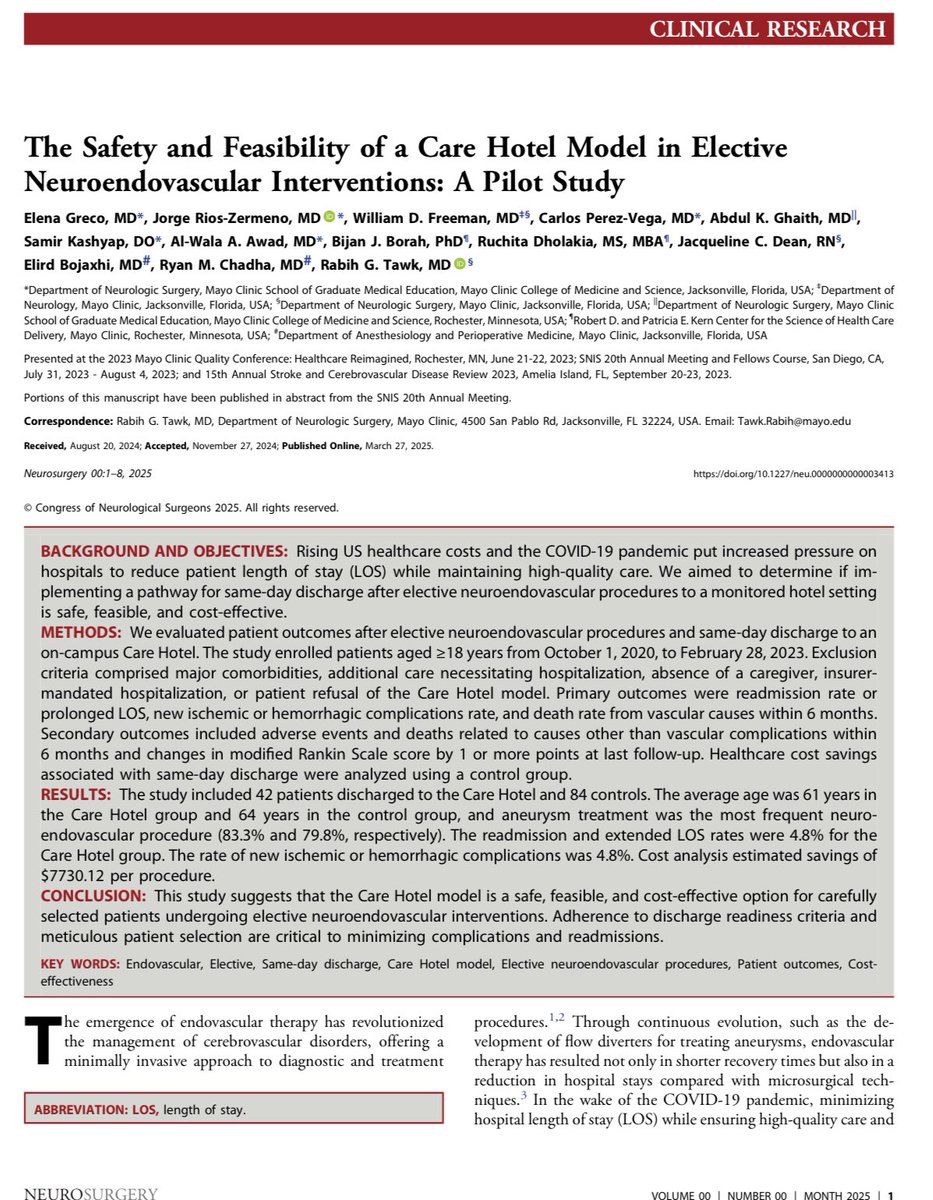 A Summary of  “The Safety and Feasibility of a Care Hotel Model in Elective Neuroendovascular Interventions: A Pilot Study:” 
1.Innovative Care Model 🤔💡:
A same-day discharge model to an on-campus “Care Hotel” was tested for patients undergoing elective neuroendovascular