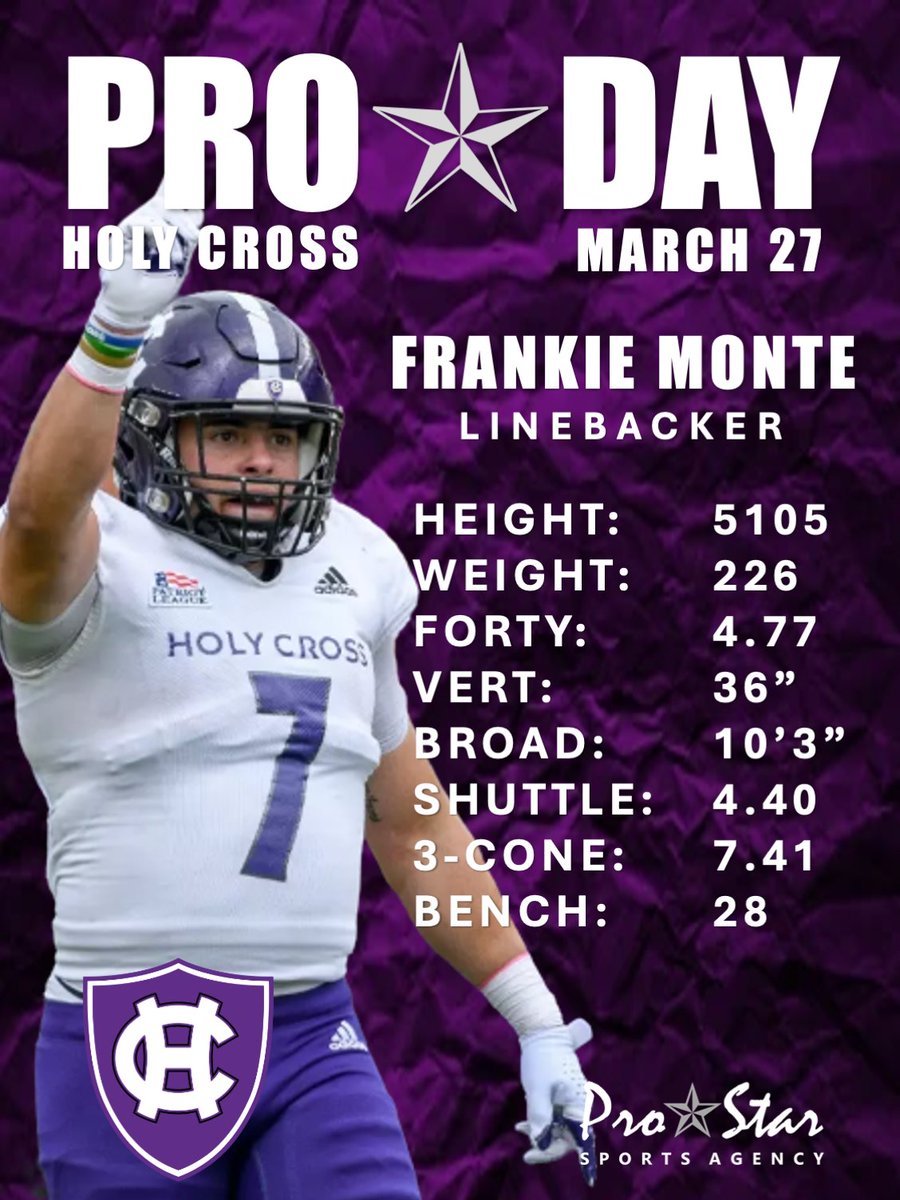 Paul Sheehy (@prostarsports) on Twitter photo Way to go! <a href="/FrankieMonte5/">Frankie Monte</a>, with a very good ProDay for the <a href="/HCrossFB/">Holy Cross Football</a> captain with over 200 career tackles to his credit! #ProStarFamily <a href="/CoachDanCurran/">Dan Curran</a> Way to go! <a href="/FrankieMonte5/">Frankie Monte</a>, with a very good ProDay for the <a href="/HCrossFB/">Holy Cross Football</a> captain with over 200 career tackles to his credit! #ProStarFamily <a href="/CoachDanCurran/">Dan Curran</a>