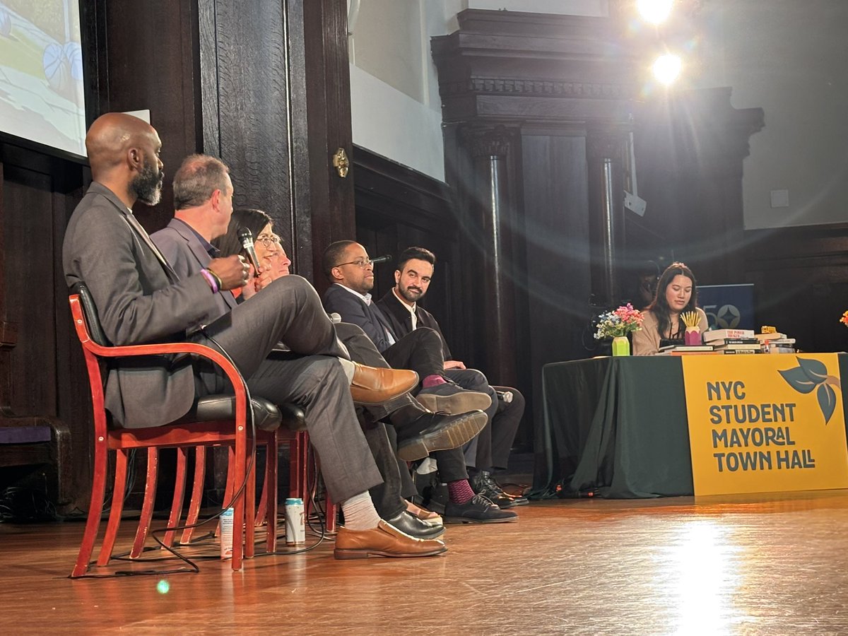 It’s a beautiful day outside but Blake, Lander, Ramos, Tilson, Myrie and Mamdani are at the NYC Student Mayoral Town Hall.
Asked what they appreciate about another candidate, Zellnor Myrie says “anyone on this stage would be a better mayor than Eric Adams and Andrew Cuomo.”