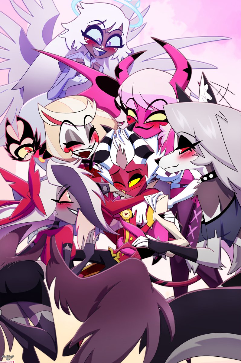 We've reached 400 on my #Patreon! To celebrate, here we have the girls congratulating #Aless! Thanks for the support! 
 #HelluvaBoss #HazbinHotel #Hellaverse #Belleknights #Slayday #ScytheStar #Reapermoth #GreedyWolf #Loona #VerosikaMayday #Vaggie #Emily #CharlieMorningstar