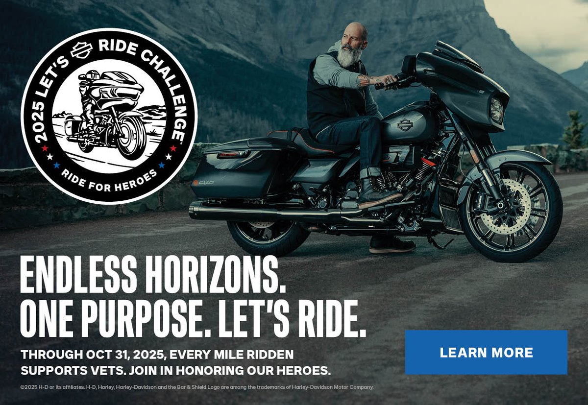Help us participate in the Let's Ride Challenge- earning money for our military &amp; veterans for each mile you ride!
Get Out. Ride Hard!
Every mile brings us closer to H-D's $1 million donation to support military &amp; veterans!
Learn more: tinyurl.com/2btdsdsp